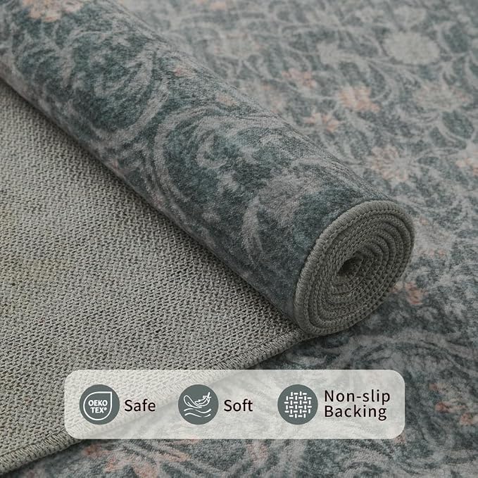 Rugxara Washable Area Rug for Living Room, Vintage Boho Rugs for Office, Dining Room, Kids Room, Farmhouse, Durable Low Pile Non Slip Carpet for High Traffic Areas, Soft Blue(4x6 ft)