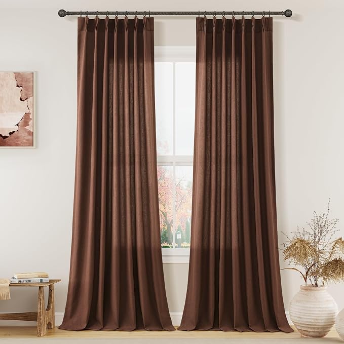 Aersas Rustic Brown Pinch Pleated Linen Curtains 96 Inch Length 2 Panels for Living Room Bedroom Semi Sheer Window Curtain Boho Neutral Back Tab Pinch Pleat Drape with Hooks 40x96