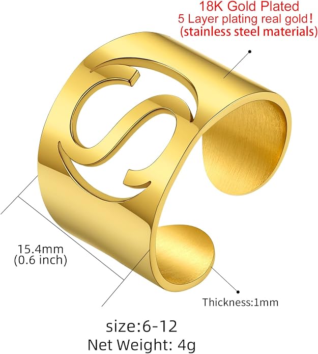 KeyStyle Bold Initial Letter Rings Adjustable, GoldChic Jewelry Women Gold Statement Ring Personalized Engraved Women’s Open Signet Ring for Party (Gold, White Gold, Black)