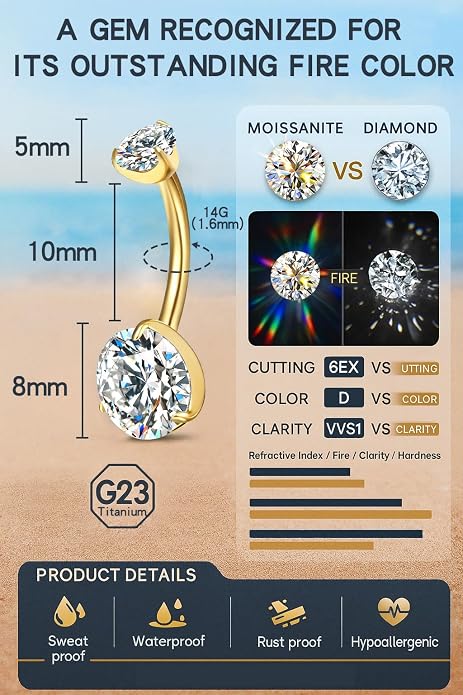 VOJO Moissanite Belly Button Ring, Titanium Navel Piercing Bar with Internally Threaded Barbell for Women