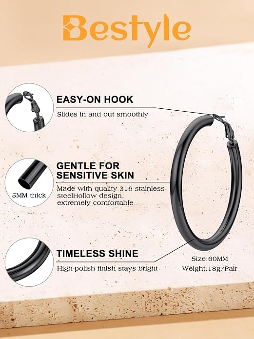 Bestyle 5mm Thick Gold Hoop Earrings Hypoallergenic Hoops for Sensitive Ears Trendy Lightweight Chunky Earrings for Women 30/40/60/80mm
