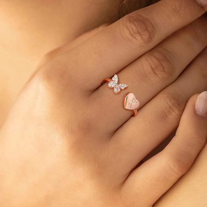 Initial Ring for Women Teens, Gold Plated Butterfly Heart Letter K Open Adjustable Ring, Dainty Alphabet Ring Jewelry Gift for Birthday