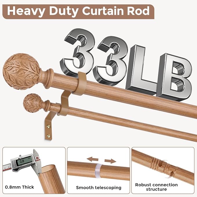 Boho Decorative Double Curtain Rods for Windows, 36-184 Inch, Wood | Handmade Wood Grain Leaf Finials, Heavy Duty Adjustable Exrta Long Rustic Metal Dual Rod, 40 lb Capacity, Easy to Install