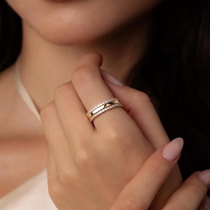 Purplepig Stackable Rings for Women Non Tarnish, Two Tone Mixed Metal Dainty Eternity Band Set, 14K Gold & Sterling Silver Plated Cubic Zirconia Hypoallergenic Wedding Thumb Pinky Rings Size 4-11