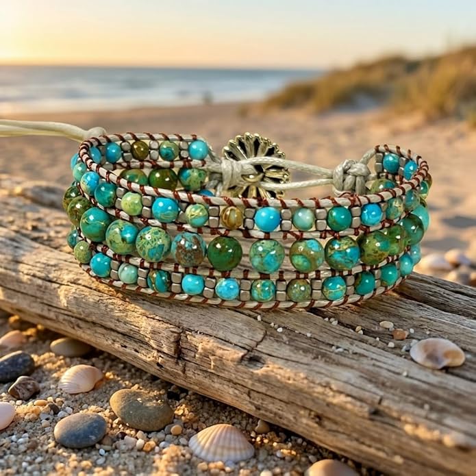YGLINE Boho Handmade Natural Stone Bead 3 Row Wide Wrap Wrist Statment Bracelet Jewelry Collection