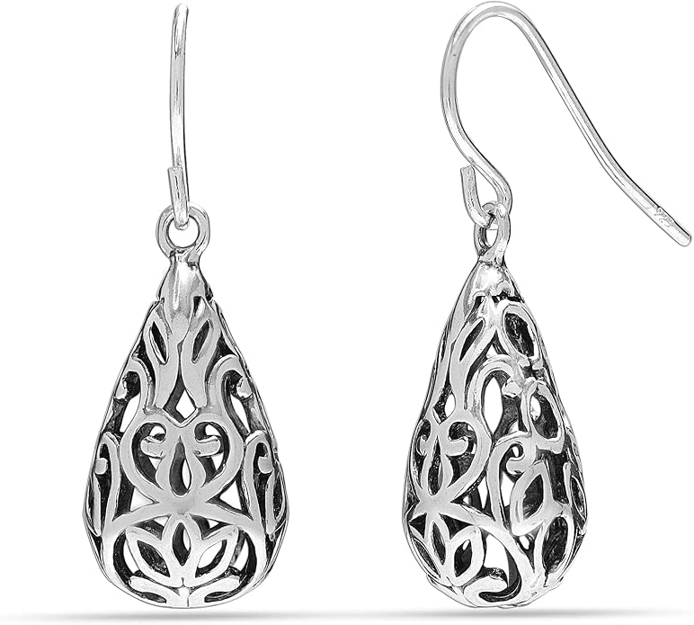 LeCalla 925 Sterling Silver Filigree Dangle Drop Earrings | Lightweight Antique Balinese Teardrop Dangle Drop Earring for Women