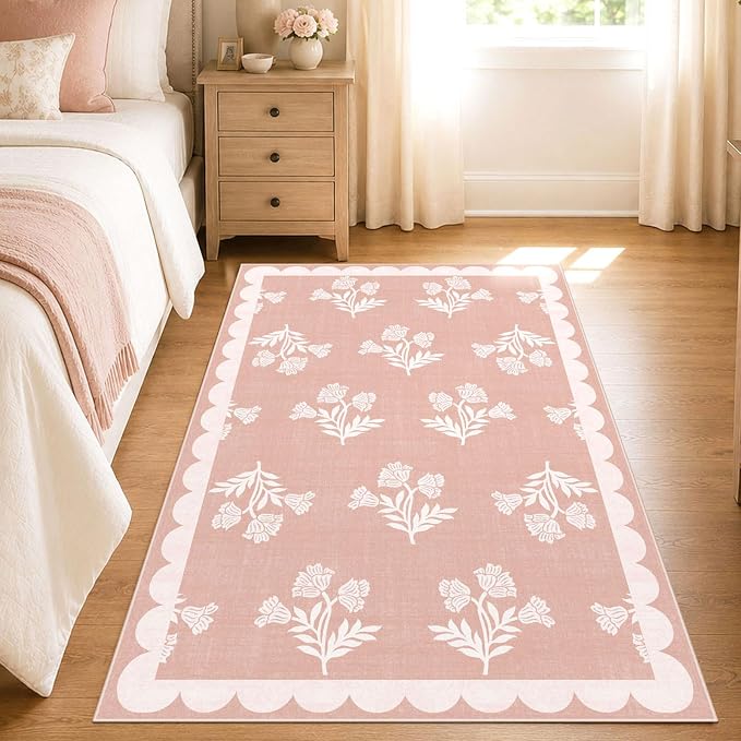Pink Floral Rug for Girls Bedroom - 3x5 Soft Washable Non Slip Boho Bathroom Rug Preppy Cute Scalloped Small Throw Rugs for Entryway Kitchen Nursery Kids Room Playroom Dorm Home Decor