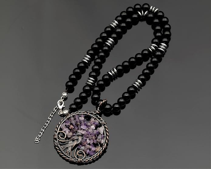 ElisaJewelryArt - Natural Amethyst Big Tree Of Life Pendant Black Onyx Stone Beaded Necklace Genuine Gemstone Feng Shui Stone Clasp Closure Necklace Unisex Necklace