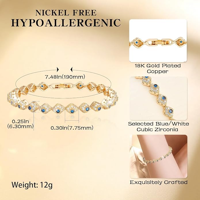 Richapex Diamond Tennis Bracelet for Women, Eternity Bracelet Blue Cubic Zirconia, Sapphire Bracelet, 18K Gold Plated Hypoallergenic Bracelets -7.48inch/190mm