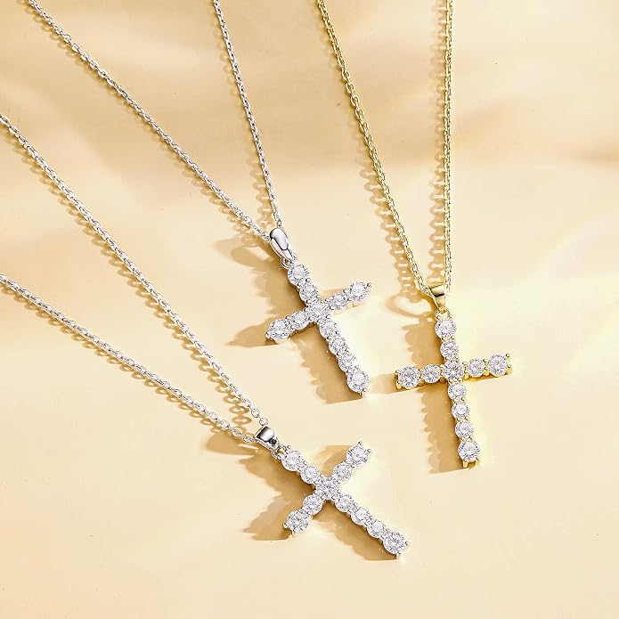 Carleen Cross Necklace For Women Yellow Gold Plated Sterling Silver Cubic Zirconia CZ Simulated Diamond Cross Crucifix Pendant Necklace Jewelry Easter Gift for Women, 18" Silver Chain Nice Gifts Jewelry Box