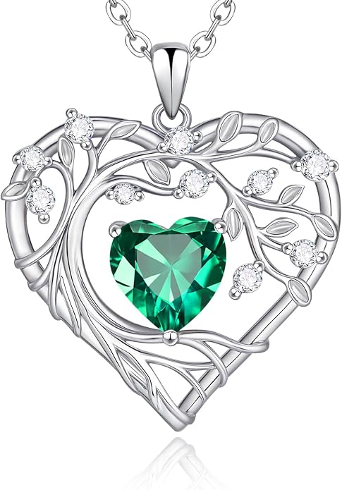 Tree of Life Birthstone Pendant Necklace - 925 Sterling Silver Heart Cubic Zirconia Diamond Women Pendant Necklaces for Her Daughter Girlfriend Birthday Gift Ideas for Wife Mom for Valentines Day