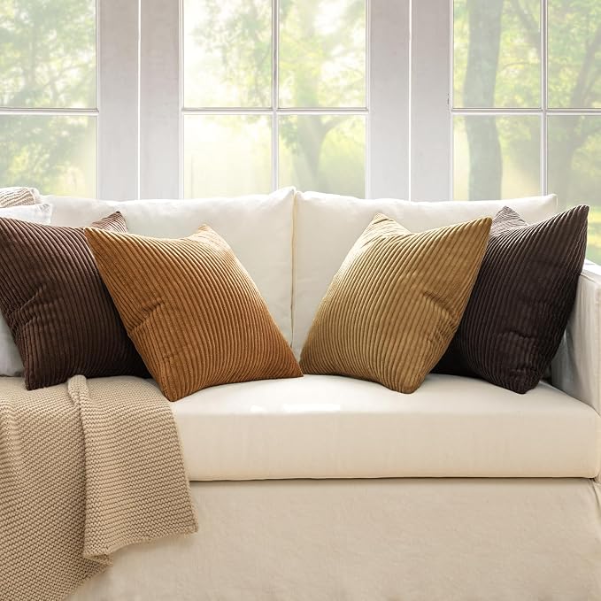 MIULEE Boho Farmhouse Throw Pillow Covers 20x20 Inch Set of 4 Rustic Mordern Neutral Cushion Covers Soft Corduroy Nordic Fall Home Decor for Couch Bed Sofa Living Room Camel Brown