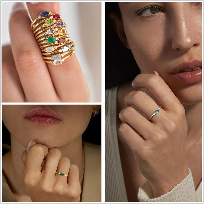 Lunvky 14k Gold Plated Birthstone Rings for Women Teen Dainty Stackable Pinky Rings Non Tarnish CZ Emerald Green Gemstone Thumb Finger Band Ring Cute Jewelry Birthday Gift Size 6-11
