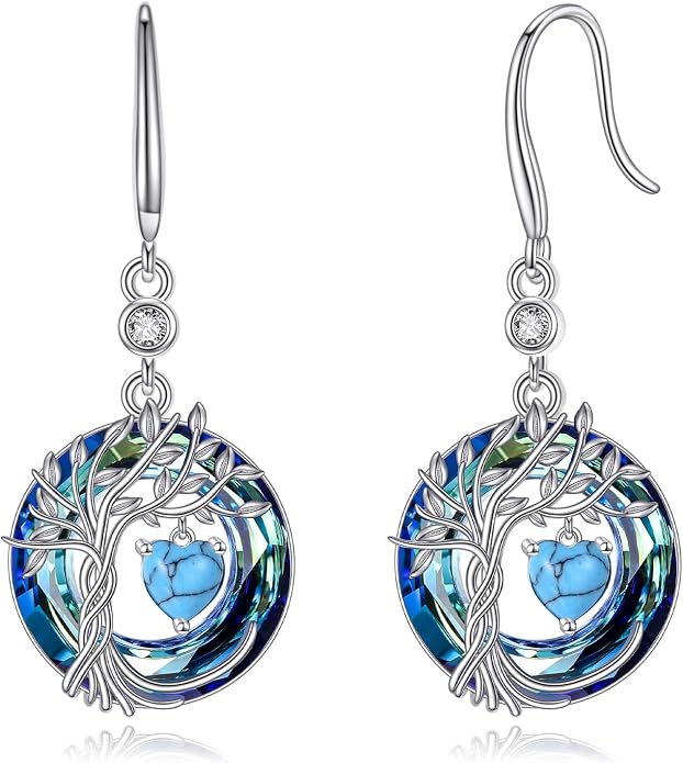 POPLYKE Tree of Life Birthstone Earrings 925 Sterling Silver Dainty Gemstone Birthstone Dangle Drop Earring with Crystal Fine Jewelry Birthday Gifts for Women Her