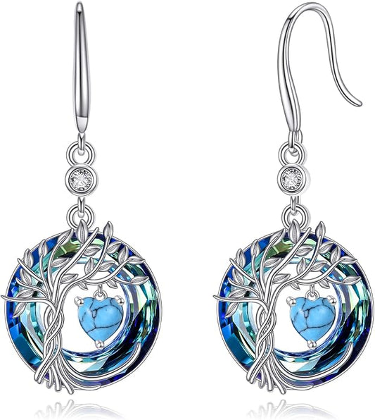 POPLYKE Tree of Life Birthstone Earrings 925 Sterling Silver Dainty Gemstone Birthstone Dangle Drop Earring with Crystal Fine Jewelry Birthday Gifts for Women Her