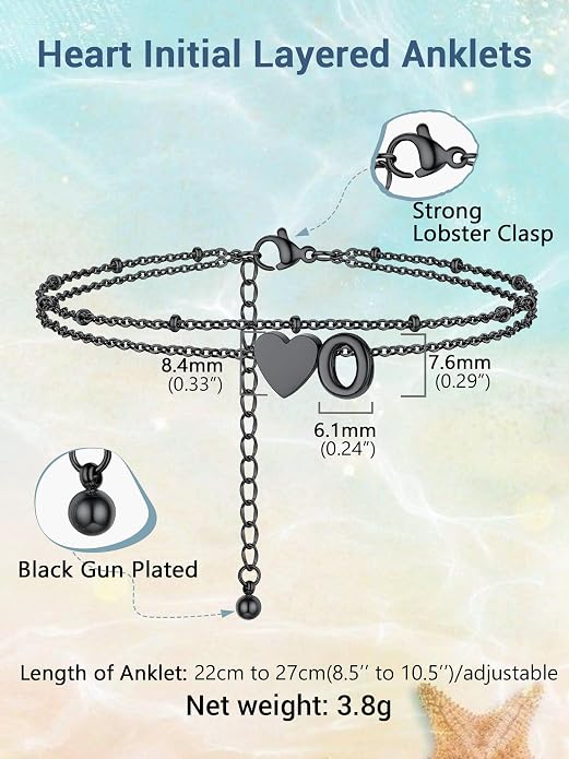 Initial Ankle Bracelets for Women, Dainty Stainless Steel Letter A-Z Layered Anklets, Heart Ankle Bracelet 8.5"-10.5" Adjustable, Summer Beach Jewelry, Come with Box
