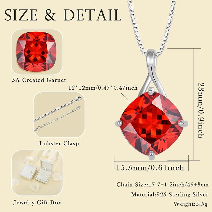 Square Cut Birthstone Necklace for Women Hypoallerg 925 Sterling Silver Cubic Zirconia Necklace Simple Jewelry for Her