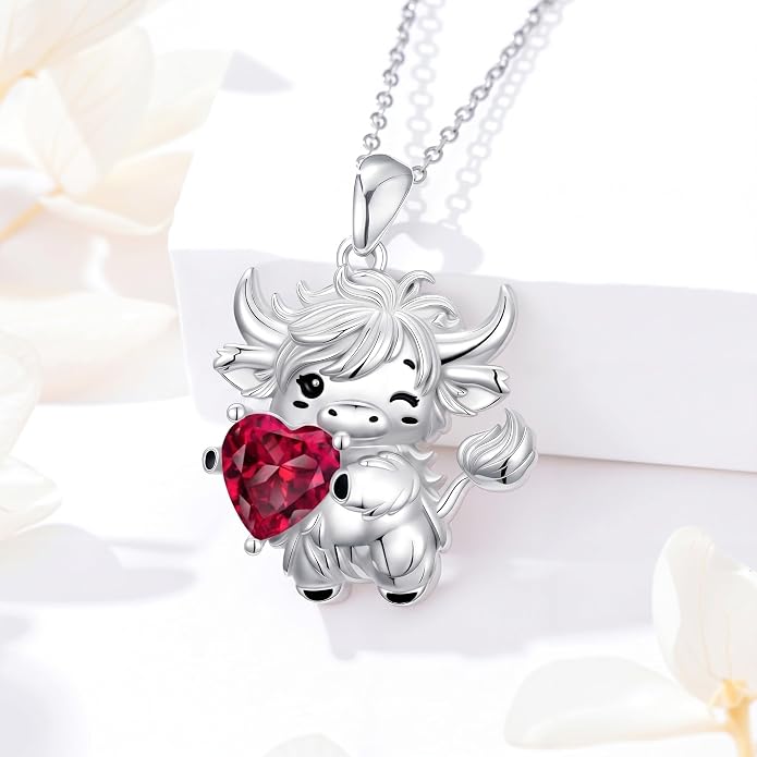 PELOVNY Teddy Bear Necklace for Women 925 Sterling Silver Bear/Highland Cow/Fox/Cat/Axolotl Birthstone Necklace Christmas Birthday Jewelry Gifts for Mom Daughter Wife Sister