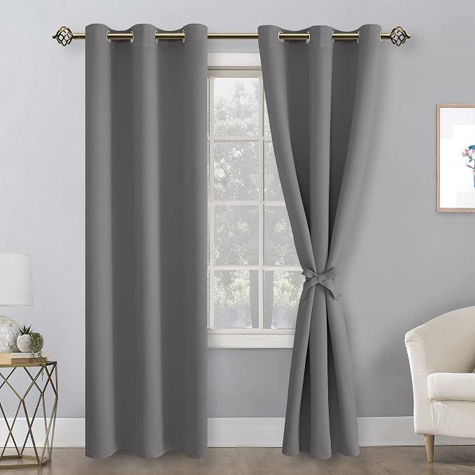 Hiasan Blackout Curtains for Bedroom, 38 x 84 Inches Long - Thermal Insulated & Light Blocking Window Curtains for Living Room, 2 Drape Panels Sewn with Tiebacks, Light Grey