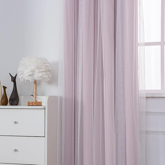INLINAS Pale Pink Blackout Curtains with Sheer Overlay - Grommet Top Thermal and Noise Reduction Panels for Bedroom and Living Room Light Blocking and Energy Saving, 37 x 63 Inches, Set of 2