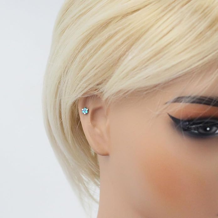 16G Internally Threaded Titanium Opal Flower Labret Tragus Stud, Monroe Lip Ring Helix Piercing Jewelry