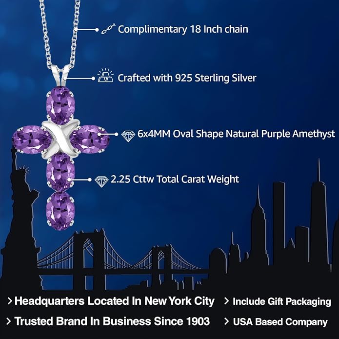 Gem Stone King Cross Pendant Necklace for Women | 925 Sterling Silver | 6X4MM Gemstone Birthstone | Jesus Christian Religious Crucifix Jewelry Gifts | 18 Inch Chain