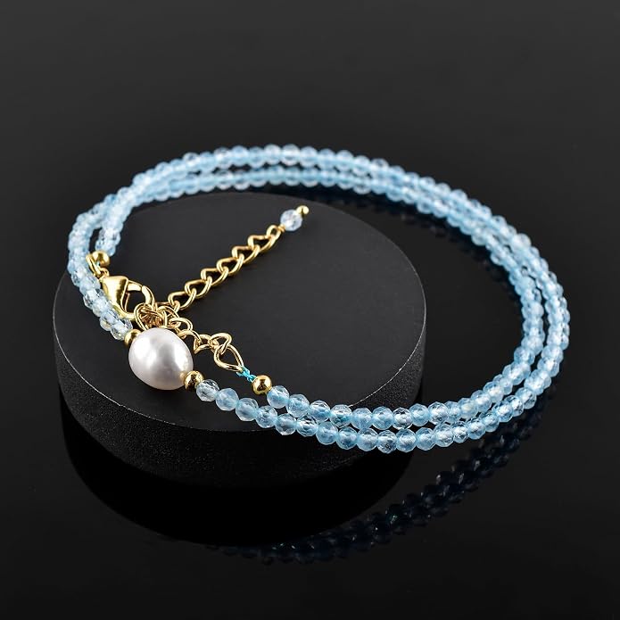 InfinityGemsArt Gemstone Gold Necklace For Women, Birthstone Natural Crystal Stone With Freshwater Pearl Beaded Jewelry, Gold Plated 18 Inch Chain