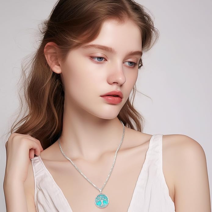 Tree of Life Necklace for Women Sterling Silver Celtic Moon Tree Moonstone Turquoise Pendant Heart Family Tree Necklace for Mother Daughter Sister Gifts