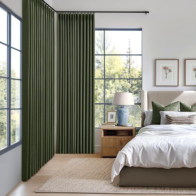 MIULEE Olive Green Pinch Pleated 100% Blackout Linen Curtains for Bedroom, Room Darkening Memory Trained Dark Green Window Curtains 84 inches Long for Living Room, Black Out Pleat Drapes, 2 Panels