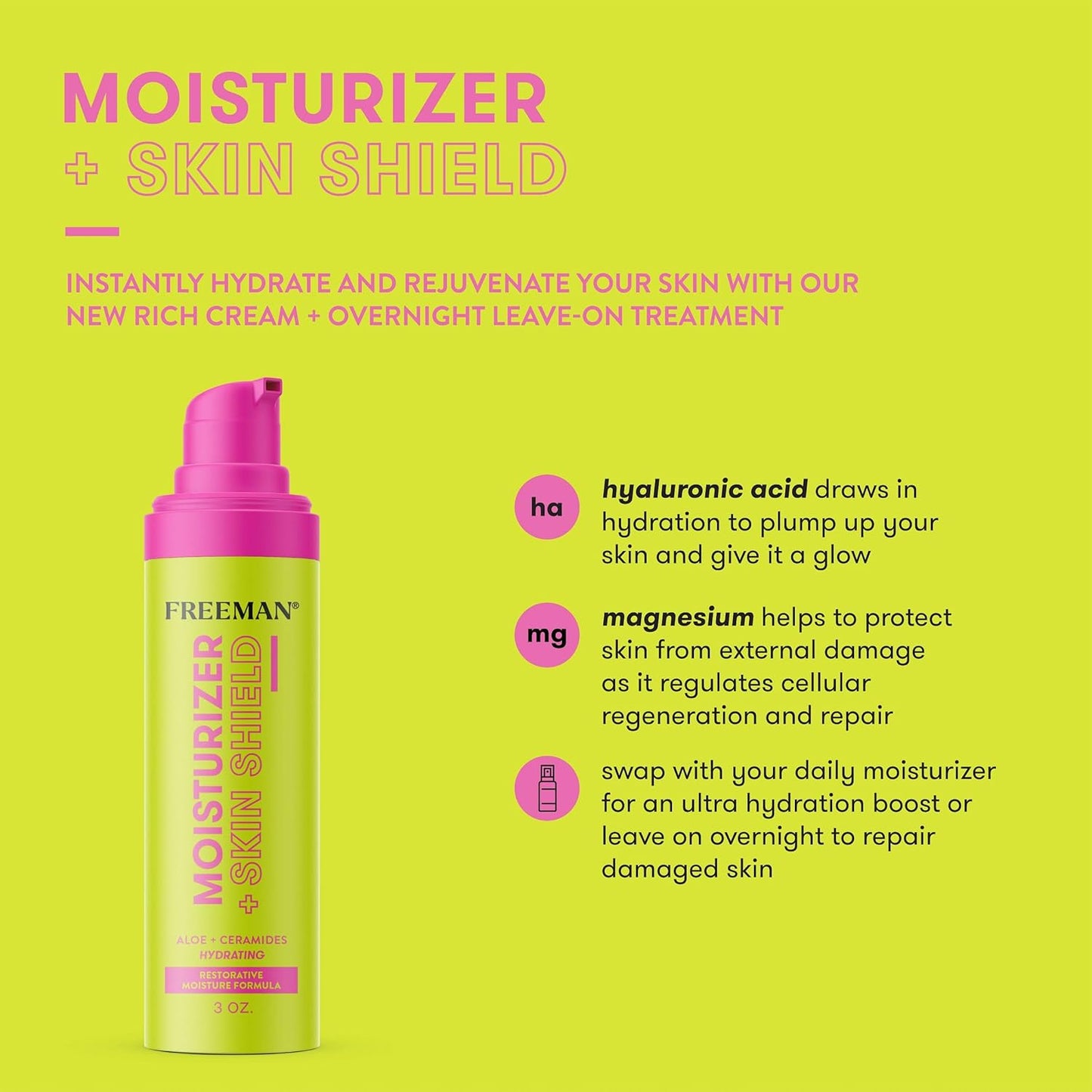 Freeman Restorative Moisturizer + Hydrating Skin Facial Shield, Lightweight Face Serum, Infused With Aloe Vera & Ceramides, Soothes & Calms, Relieves Dry Skin, 3 fl.oz./ 89 mL Bottle