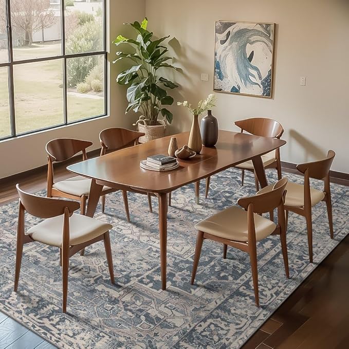 Rugxara Blue Area Rugs 5x7 Washable Rug for Living Room Bedroom | Non Slip, Rug for Dining Room Office Farmhouse Dorm, Stain Resistant, Soft, Vintage Boho Retro Carpet, Low Pile, Home Decor