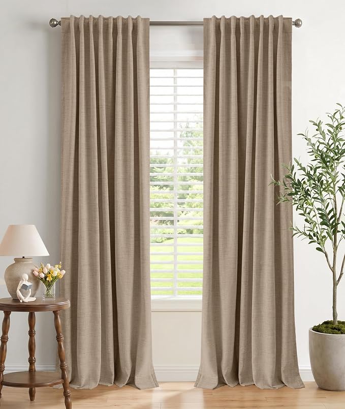 INOVADAY 100% Blackout Curtains 90 Inches Length 2 Panels Set, Back Tab/Rod Pocket Linen Black Out Curtains for Bedroom, Thermal Insulated Window Drapes - Taupe, W50 X L90