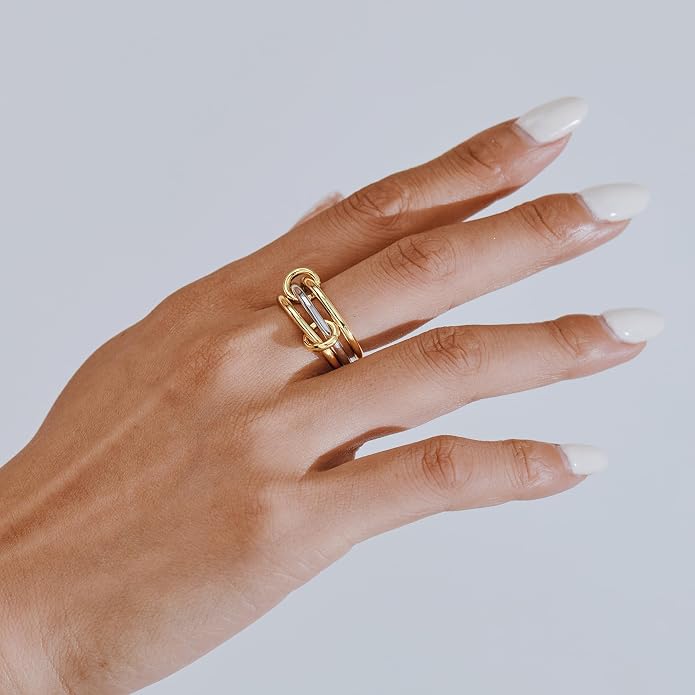 AllenCOCO 14K Gold Plated Stackable Rings, 3 Ring Set with CZ Cubic Zirconia, Gold & Silver Stacked, Interlocking Band for Women Statement