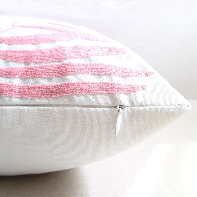 Embroidery Throw Pillow Cover 18x18 Home Decor Floor Pillow Cover for Couch Sofa Chair 100% Cotton Loop Embroidered Pink Tropical Leaves Cushion Cover Square Pillowcase 45x45cm, 1 Piece