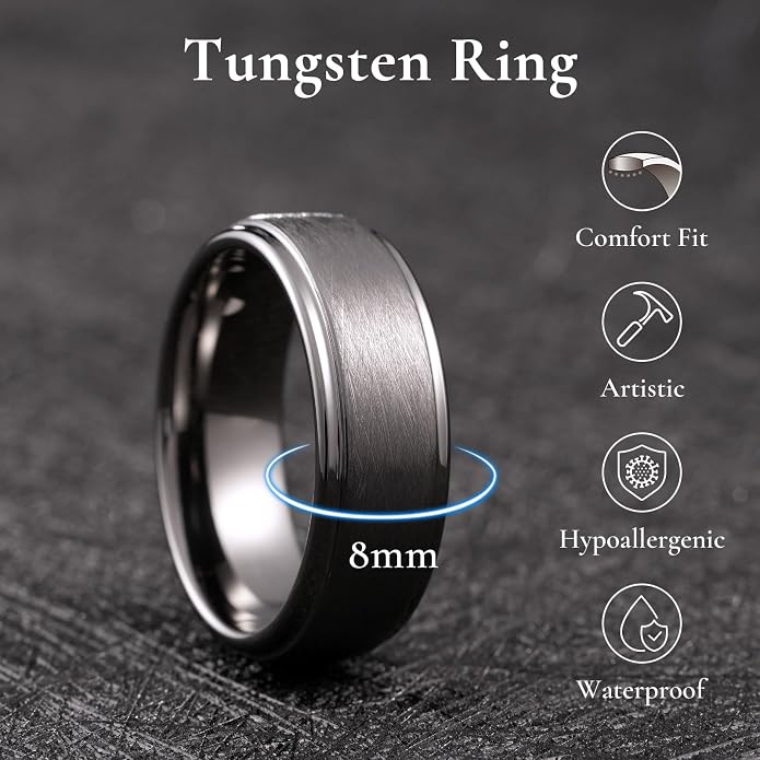 King Will Classic Tungsten Carbide Ring Brushed Two Grooved Center Hammered Design Mens Wedding Band for Men