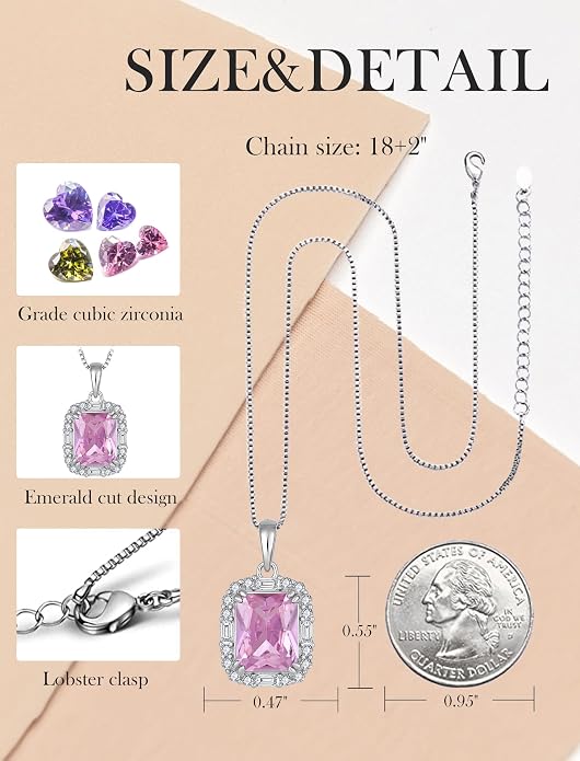 Princess Cut Necklaces for Women, 925 Sterling Silver Emerald Cut Birthstone Pendant Necklace Halo Square Rectangle Jewelry Gifts for Her
