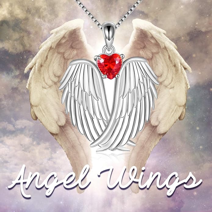 YFN Angel Wings Necklace 925 Sterling Silver Guardian Angel Wings Pendant Necklace Birthstone Necklace for Women Girls Christmas Jewelry Gifts
