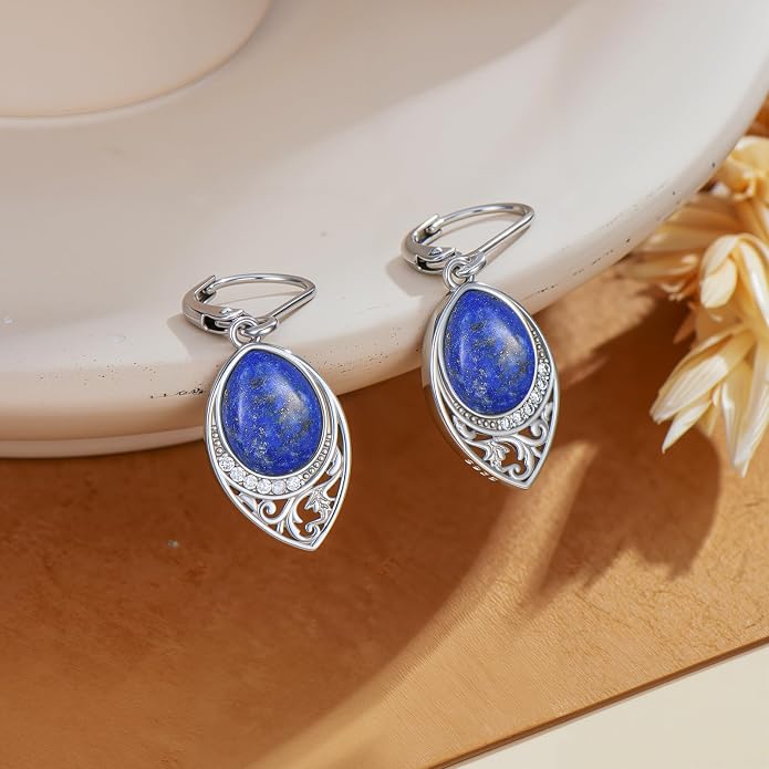 PROESS Filigree Teardrop Earrings S925 Sterling Silver Turquoise/Black Onyx/Peridot/Lapis Lazuli/Abalone Dangle Earrings Teardrop Jewelry for Women Mothers Day Birthday Christmas Gifts