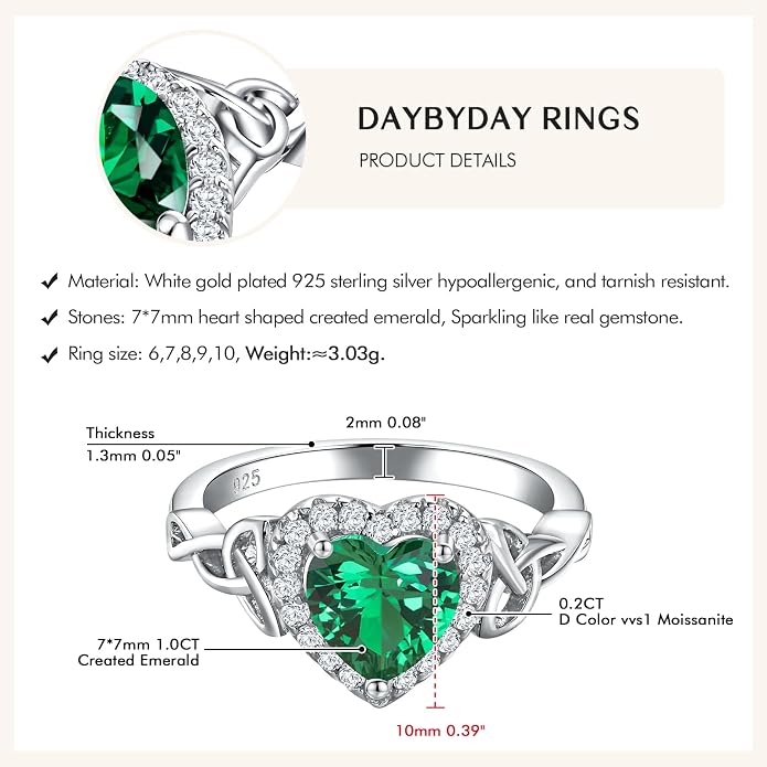 DAYBYDAY Celtic Birthstone Rings for Women 925 Sterling Silver Heart/Round/Pear/Oval Created Gemstone Moissanite Halo Engagement Promise Rings for Her Wife Birthday Anniversary Wedding Jewelry
