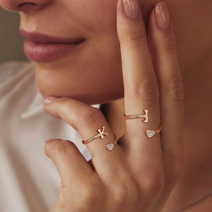 MILACOLATO 925 Sterling Silver Initial Rings for Women Teen Girl 18K Gold Plated Heart Initial Rings Adjustable Capital Letter Ring Stackable Thumb Pinky Rings for Daughter Birthday Bridesmaid Gifts Jewelry, A to Z