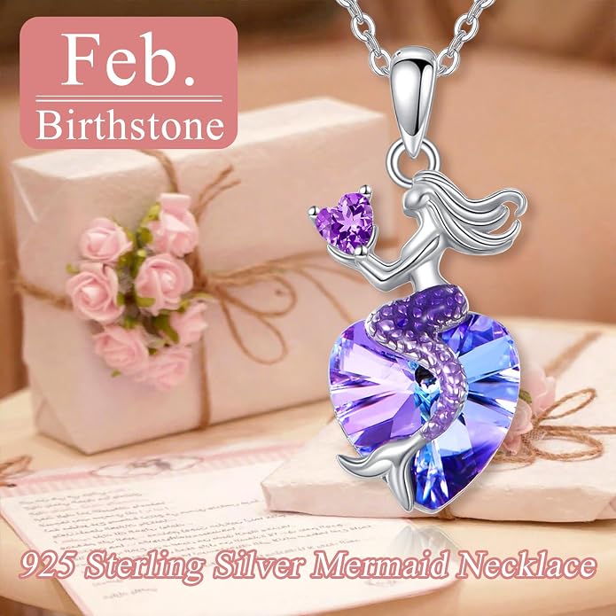 Mermaid Birthstone Necklace for Women 925 Sterling Silver Jewelry Austrian Crystal Pendant Christmas Gifts for Her