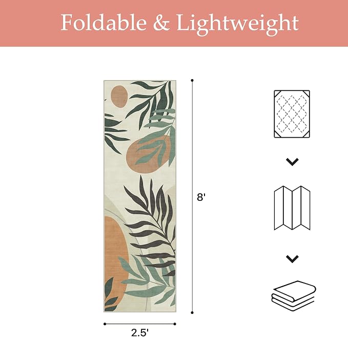 GENIMO 2.5x8 Outdoor Runner Rug, Washable for Patio, Beige Olive | Botanical leaf design for balcony; fade resistant chenille and quick-dry non-slip backing for indoor hallway kitchen.