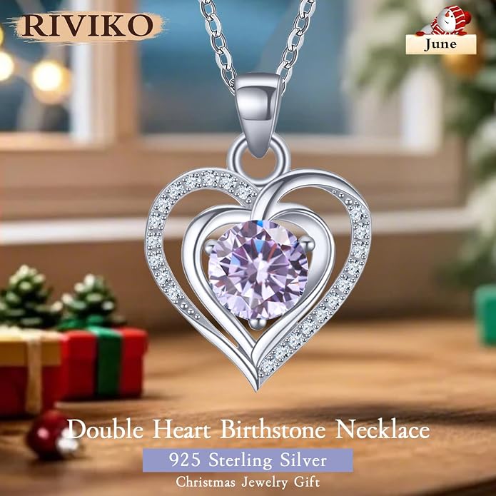RIVIKO Heart Birthstone Pendant Necklace for Women 925 Sterling Silver Zirconia Necklaces Valentine's Day Anniversary Birthday Mothers Day Jewelry Gifts For Her Mother Wife