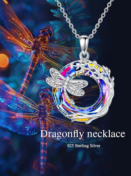 Dragonfly Necklace 925 Sterling Silver Dragonfly/Sunflower Bee Pendant Necklace Dragonfly with Blue Circle Crystal Dragonfly Jewelry Gifts as Holiday Christmas Gifts for Women