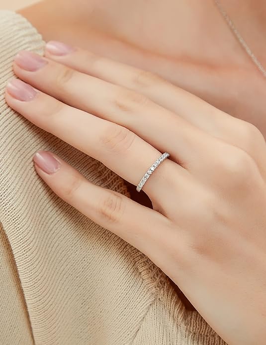 EAMTI 2mm 925 Sterling Silver Wedding Band Cubic Zirconia Half Eternity Stackable Engagement Ring Size 3-13