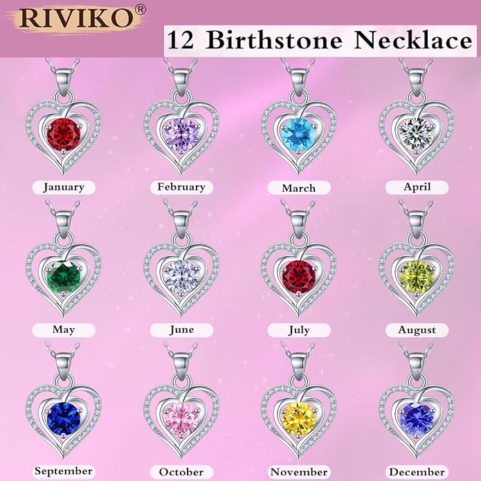 RIVIKO Heart Birthstone Pendant Necklace for Women 925 Sterling Silver Zirconia Necklaces Valentine's Day Anniversary Birthday Mothers Day Jewelry Gifts For Her Mother Wife
