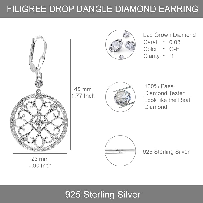 LeCalla 925 Sterling Silver Leverback Drop Earrings | Lightweight Celtic-Knot Filigree Heart Teardrop Dangle Earring for Women's Gift for Her