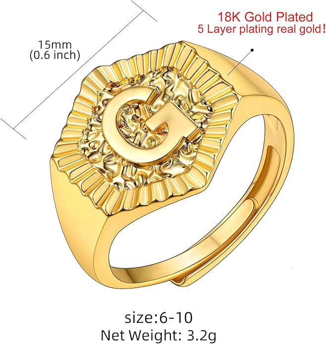 KeyStyle Bold Initial Letter Rings Adjustable, GoldChic Jewelry Women Gold Statement Ring Personalized Engraved Women’s Open Signet Ring for Party (Gold, White Gold, Black)