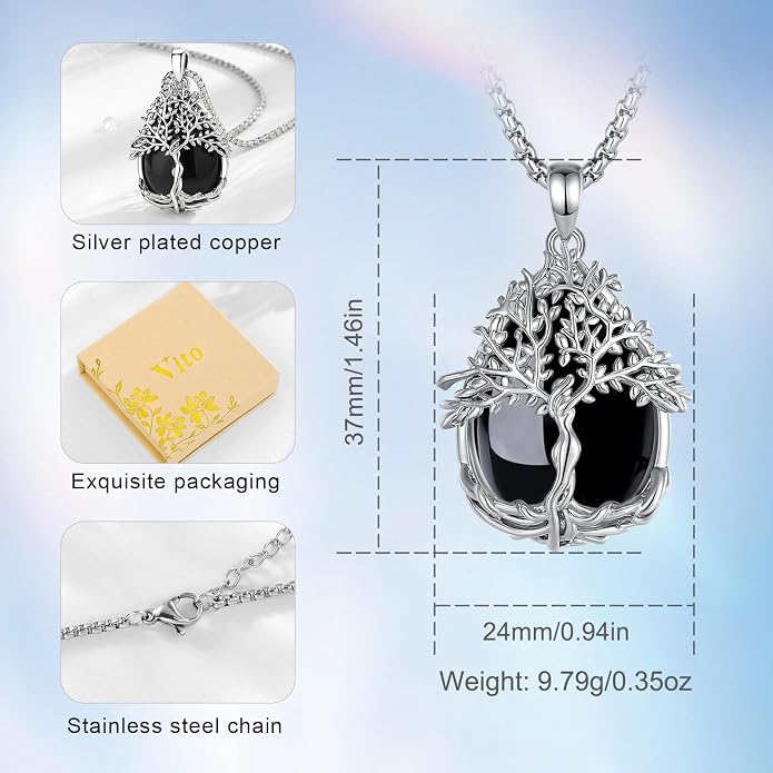 Vito Tree of Life Necklace for Women Men, Silver Plated Copper Teardrop Moonstone/Obsidian/Turquoise/Amethyst/Malachite Crystal Tree Necklace Protection Energy Amulet Jewelry Gift for Mom Wife, 20+2"