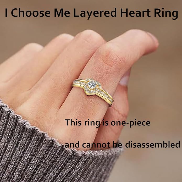 I Choose Me Layered Heart Rings, S925 Self-Love Heart Rings Remind You That Self-Love Is The Best Kind Of Love Inspirational Encouraged Ring Jewelry Gift for Women Daughters